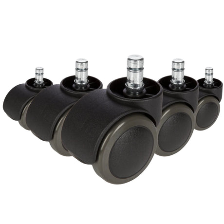 Viisi mustaa Tuolin rulla 5x ROLO FREE 11mm/50mm koville lattioille metallisilla tappeilla, valmistaja hjh OFFICE