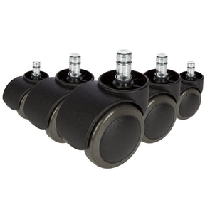 Viisi mustaa Tuolin rullaa 5x ROLO No-Noise 11mm/50mm koville lattioille metallisilla tappeilla, valmistaja hjh OFFICE