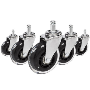 Viisi 5x ROLO SKATE CT 11mm/75mm tuolin rullaa hopeisina ja läpinäkyvinä koville lattioille, valmistaja hjh OFFICE