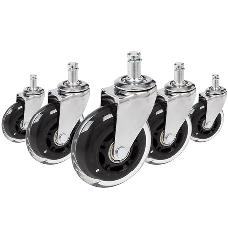 Viisi 5x ROLO SKATE CT 11mm/75mm tuolin rullaa hopeisina ja läpinäkyvinä koville lattioille, valmistaja hjh OFFICE