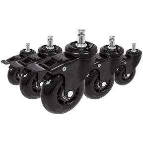 Viisi mustaa tuolin rullaa 5x ROLO SKATE S 11mm/75mm lukitusjarruilla koville lattioille, valmistaja hjh OFFICE