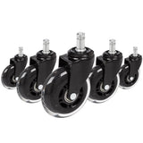 Viisi 5x ROLO SKATE ST 11mm/75mm Tuolin rulla mustana ja läpinäkyvänä koville lattioille, valmistaja hjh OFFICE