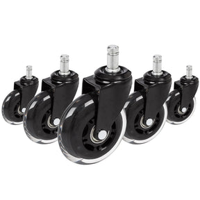 Viisi 5x ROLO SKATE ST 11mm/75mm Tuolin rulla mustana ja läpinäkyvänä koville lattioille, valmistaja hjh OFFICE