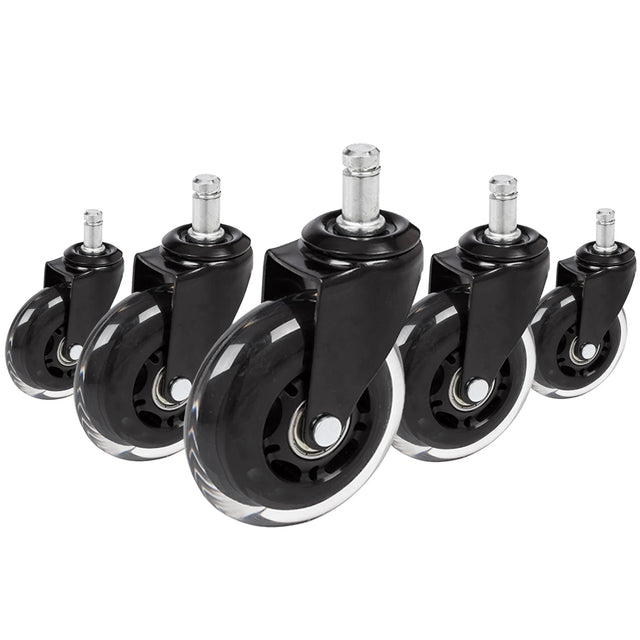 Viisi 5x ROLO SKATE ST 11mm/75mm Tuolin rulla mustana ja läpinäkyvänä koville lattioille, valmistaja hjh OFFICE