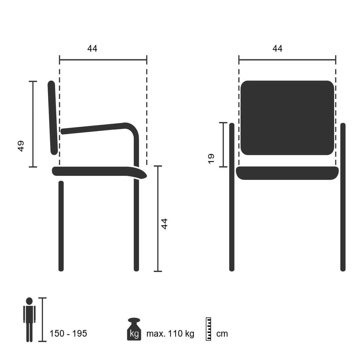 Technische Zeichnung des Besucherstuhls BORNE mit einer Sitzhöhe von 44 cm von hjh OFFICE