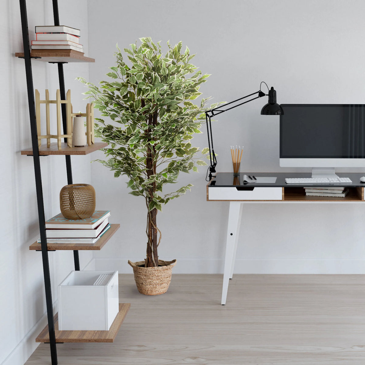 Tekokasvi FICUS vihreänä punotussa korissa, valmistaja hjh OFFICE