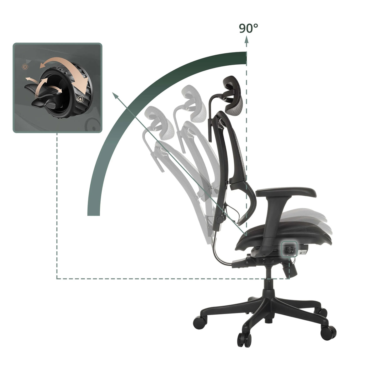 Luksustoimistotuoli ERGOHUMAN SLIM ECO F GEN2:n säädettävä selkänoja, jonka kallistuskulma on jopa 90°, valmistaja hjh OFFICE