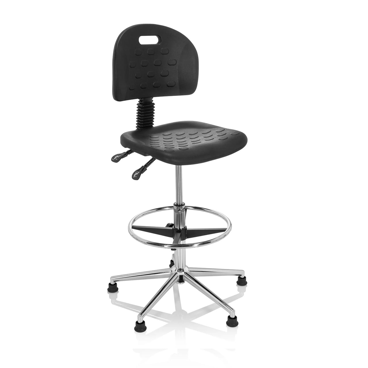 Musta Korkea työtuoli TOP WORK 23 I, jossa on selkänoja, jalkarengas ja ristijalka, valmistaja hjh OFFICE