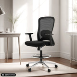 Musta Top Work 44 -työtuoli, jossa on verkkoselkänoja ja jalkarengas, valmistaja hjh OFFICE (tekoälyllä luotu kuva)