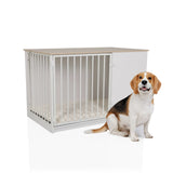 Hundebox PAWHOME XL in Weiß und Eiche mit Gittertür und einem davor sitzenden Beagle von hjh LIVING