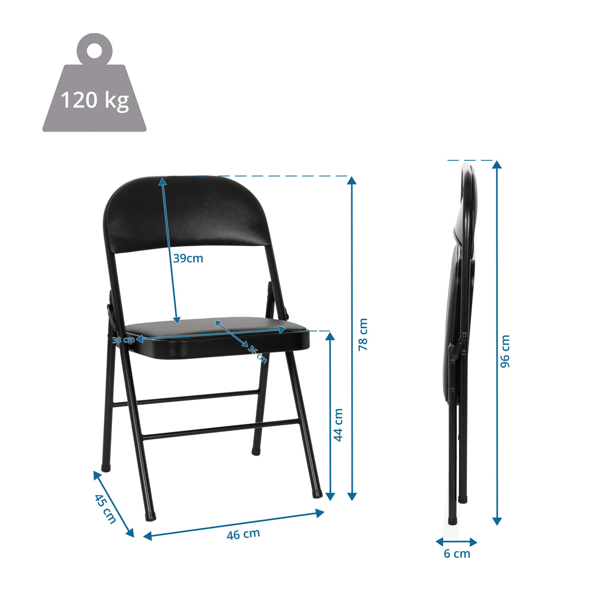 Kokoontaittuva tuoli TUDELA H mitatuksineen: kokonaiskorkeus 96 cm ja kantavuus 120 kg, valmistaja hjh OFFICE