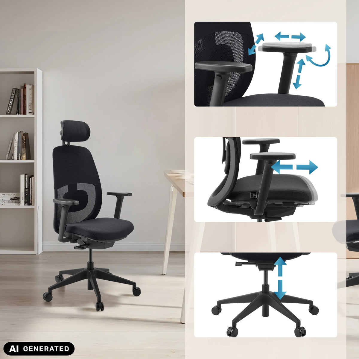 Ammattitason toimistotuolin Skandis Pro säädettävät käsinojat ja istuinkorkeus, valmistaja hjh OFFICE (tekoälyllä luotu kuva)