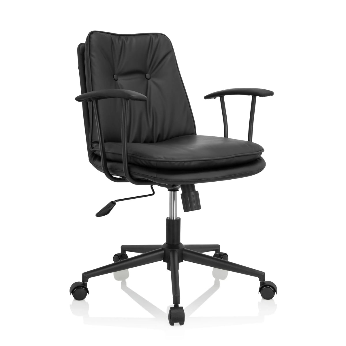 Musta Home Office -toimistotuoli SMALLO pehmusteella ja viisisakaraisella rullajalustalla, valmistaja hjh OFFICE – 360 asteen näkymä (etuviistonäkymä 40°)