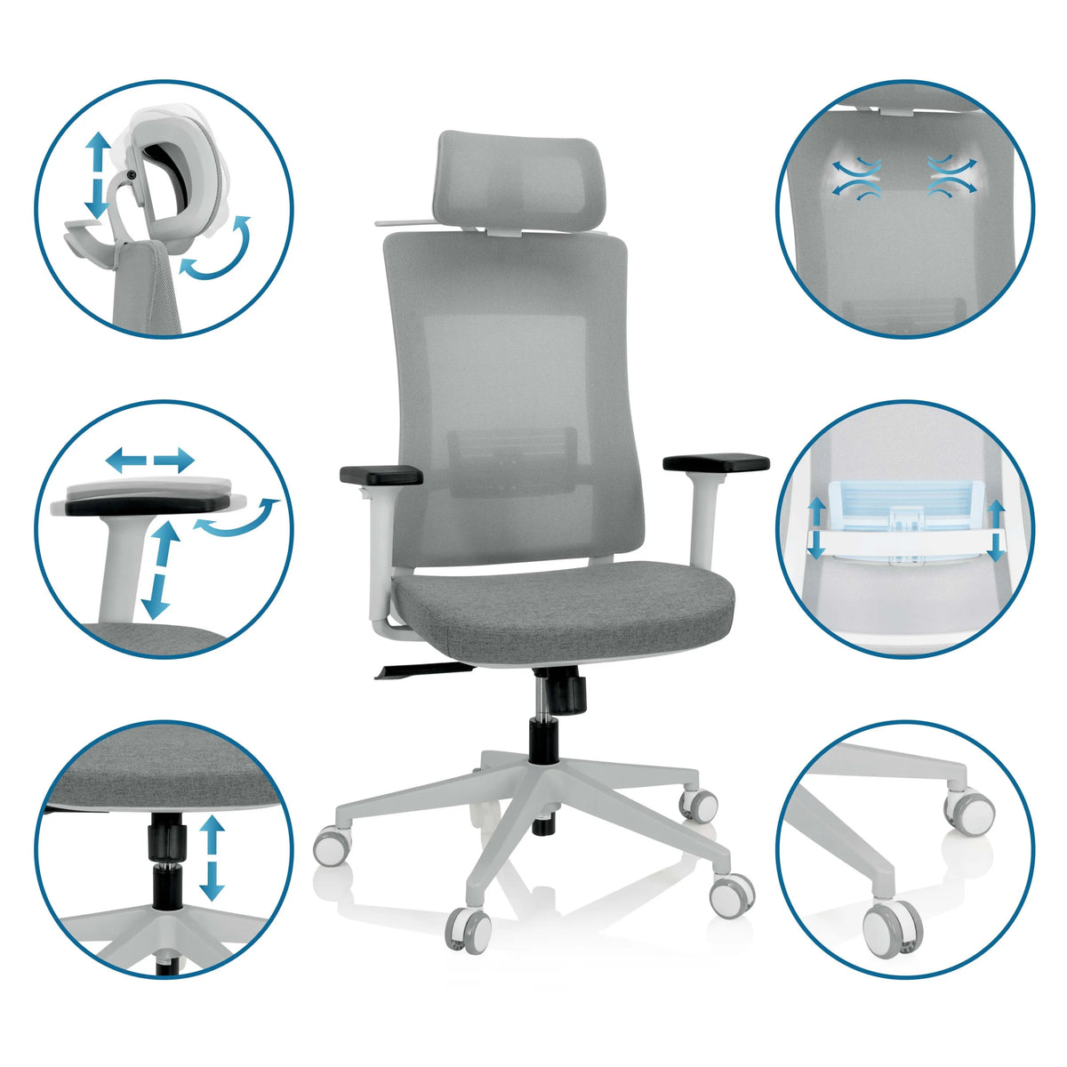 Harmaa Ammattitason toimistotuoli COMFIO WMH, jossa on erilaiset säädöt niskatuelle ja käsinojille, valmistaja hjh OFFICE