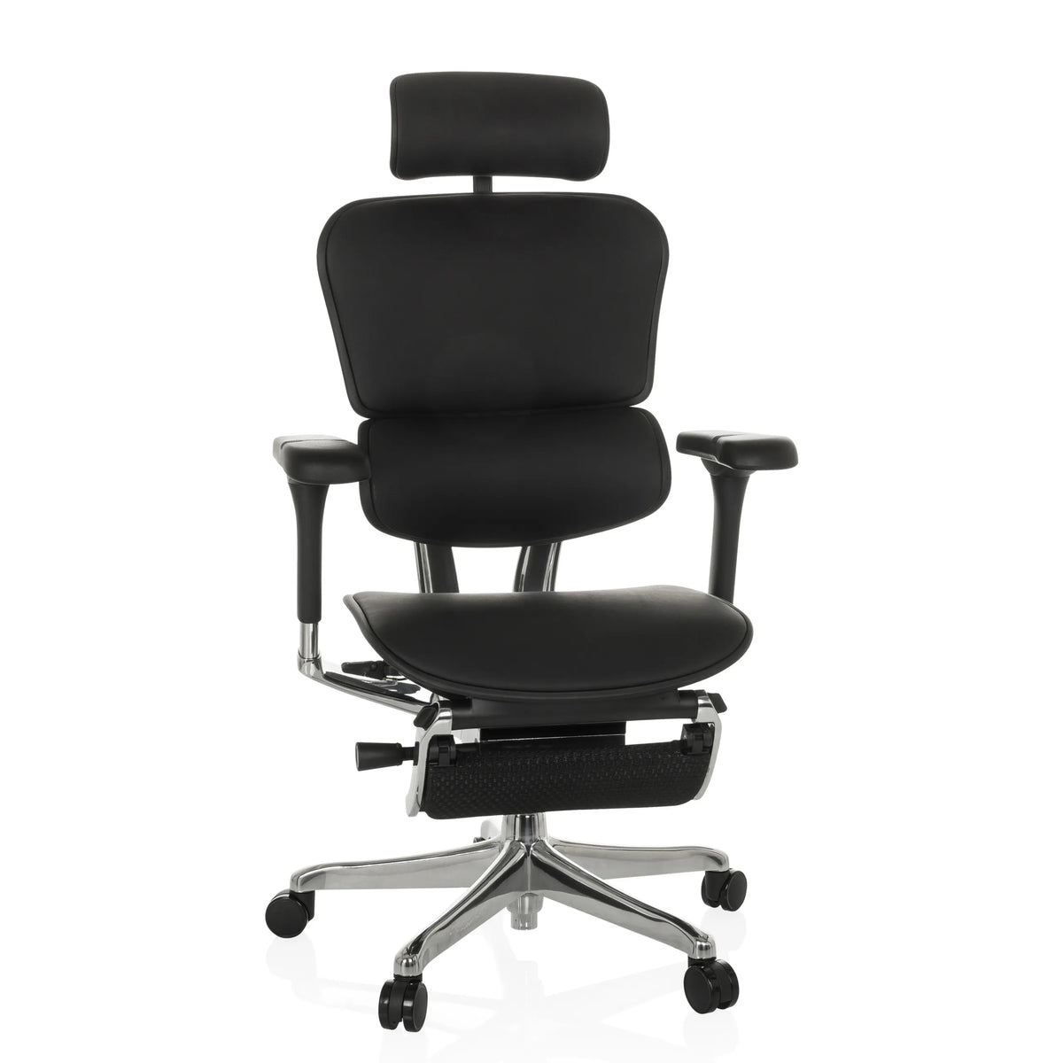 Musta Luksustoimistotuoli ERGOHUMAN PLUS LEGPRO GEN2 nahasta, jalustuella ja viidellä pyörällä, valmistaja hjh OFFICE – 360 asteen näkymä (etunäkymä 15°)