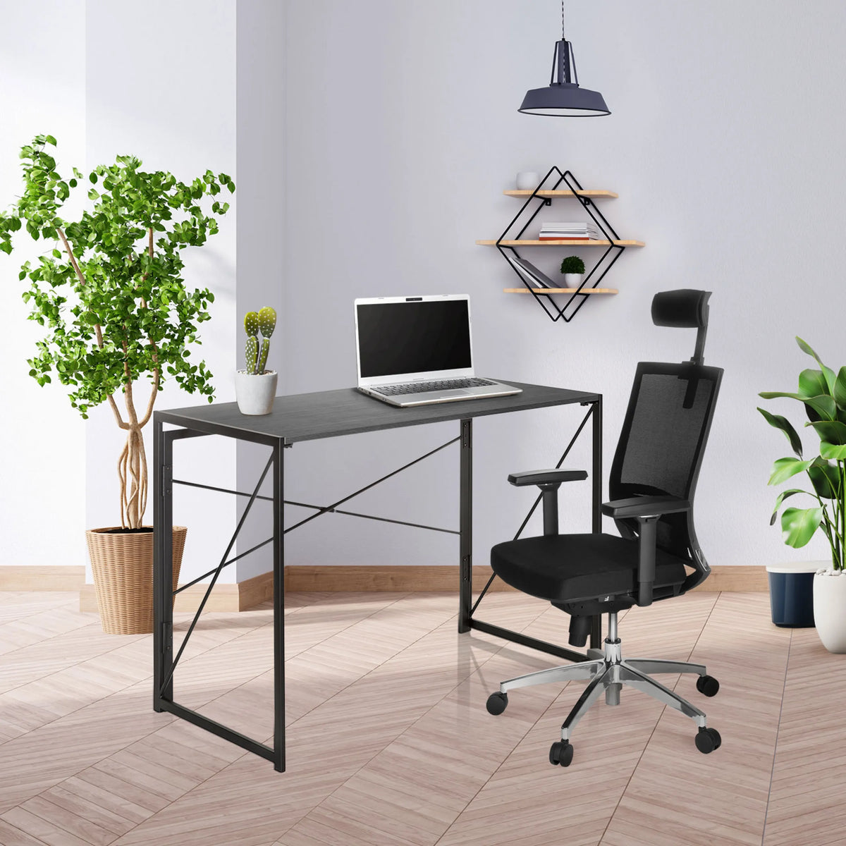 Musta taitettava kirjoituspöytä EASY UP MULTI, mitat 100 x 50 cm, ja kannettava tietokone, valmistaja hjh OFFICE