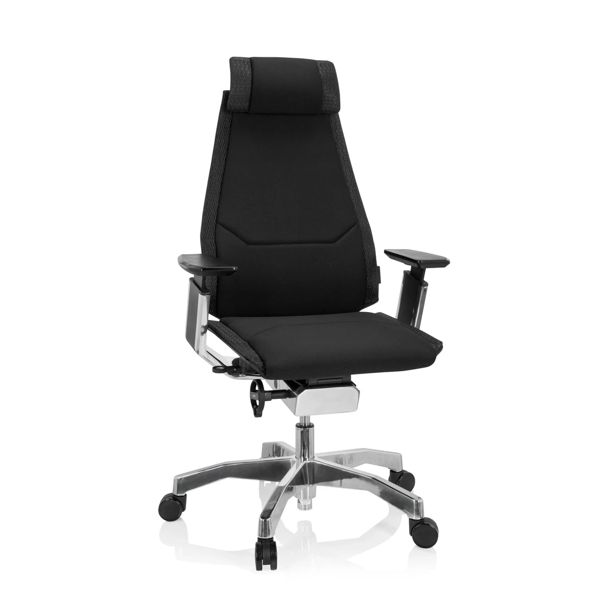 Musta High End -toimistotuoli GENIDIA PRO kangasverhoilulla ja viisisakaraisella rullajalalla, valmistaja hjh OFFICE – 360 asteen näkymä (etunäkymä 20°)
