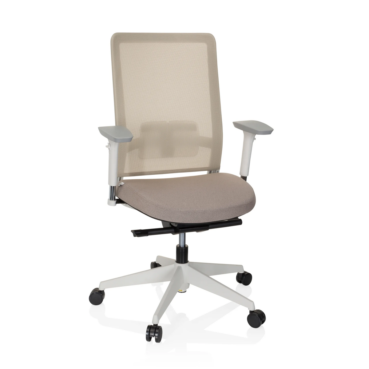 Beige Ammattitason toimistotuoli PURE WHITE verkkoselkätuella ja viisijalkaisella rullajalustalla, valmistaja hjh OFFICE – 360 asteen näkymä (etunäkymä 20°)