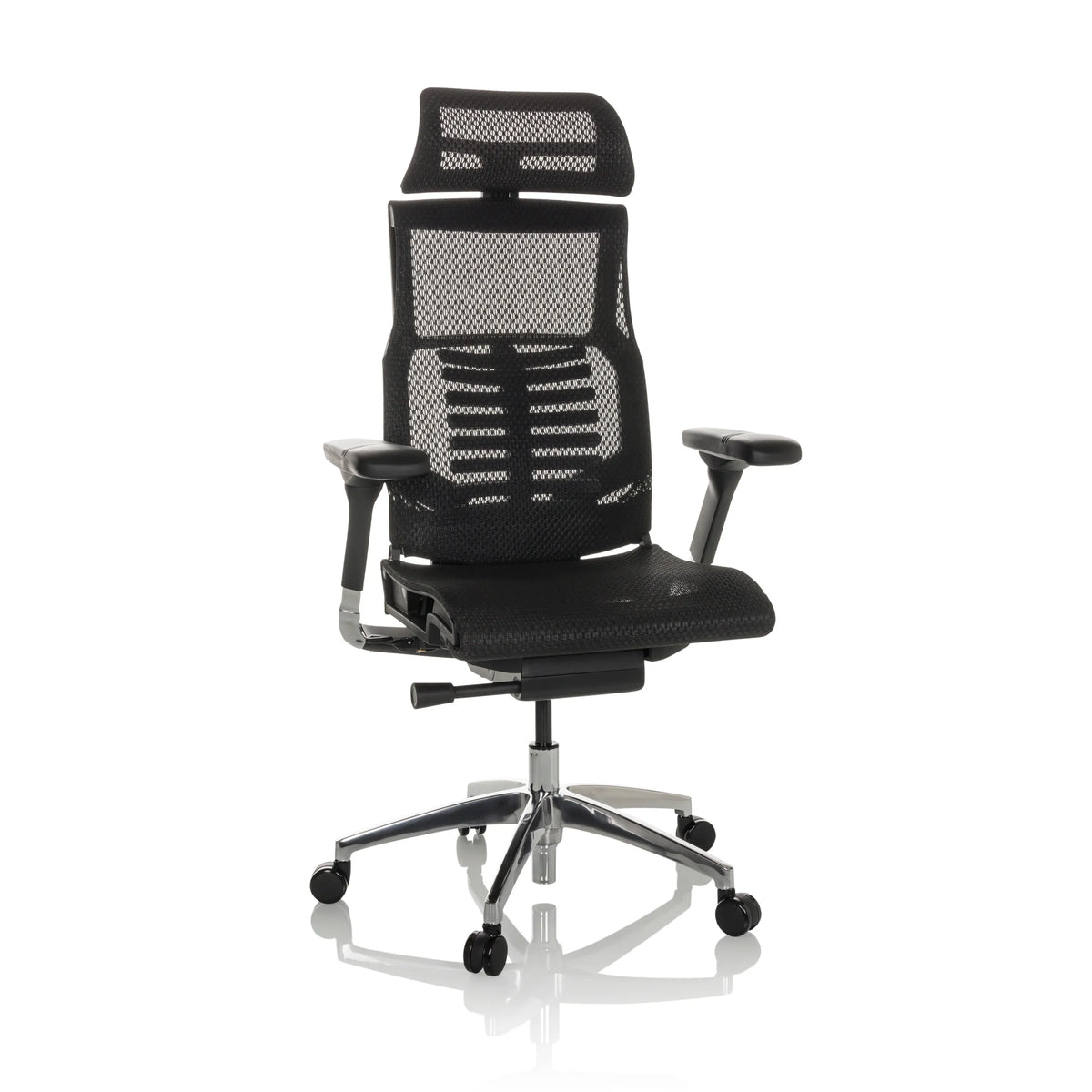 Musta High End -toimistotuoli POFIT GEN2 verkkoselkänojan ja viisipisteisen rullanjalustan kanssa, valmistaja hjh OFFICE – 360 asteen näkymä (etunäkymä 15°)