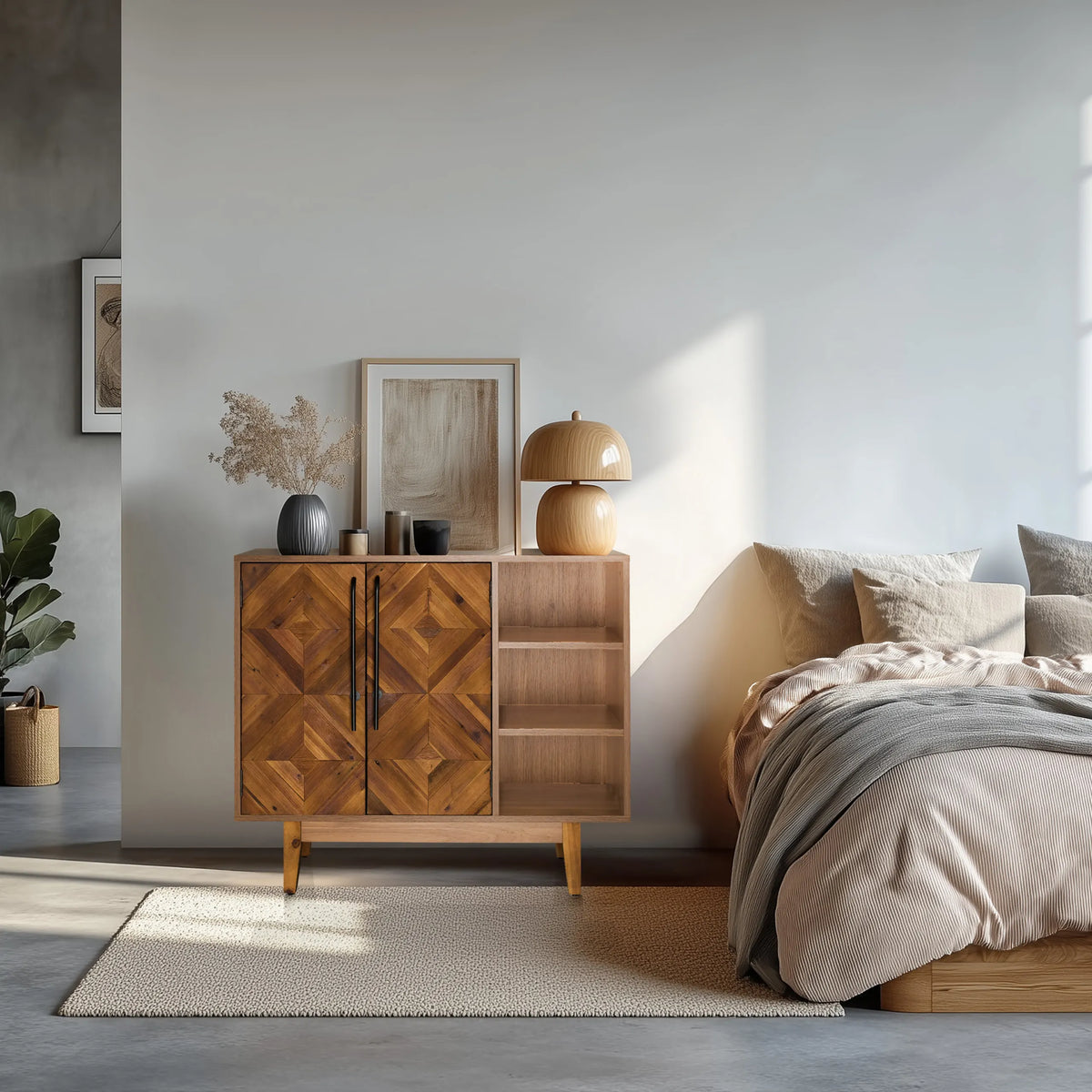 Lipasto SANTJAGO WOOD L tummanruskeaa puuta, jossa on geometrinen kuvio ja avohyllyjä, valmistaja hjh LIVING