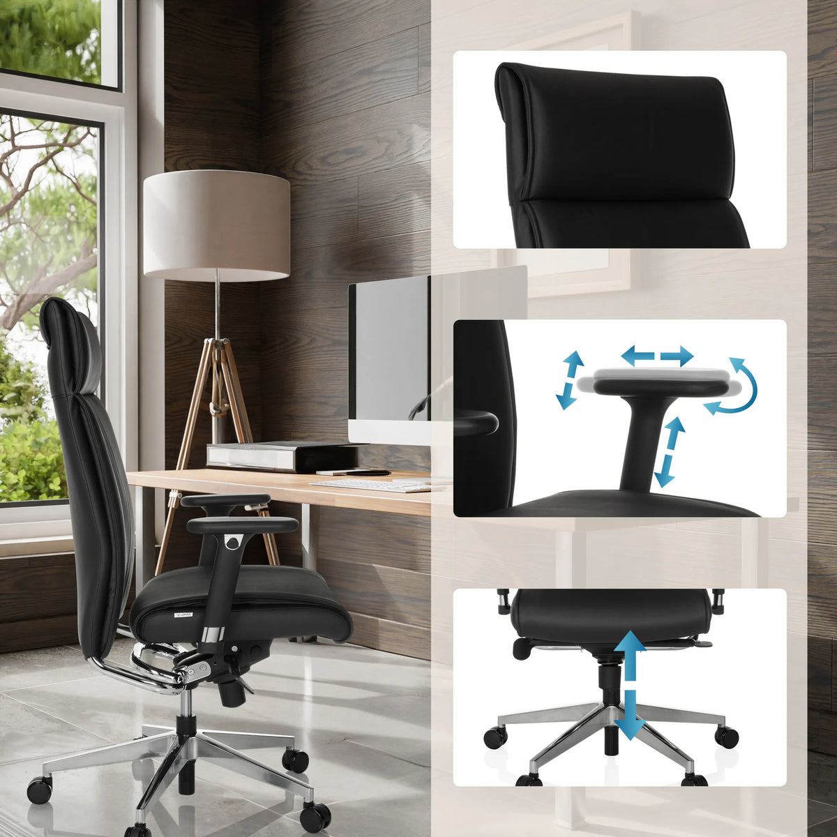 Ammattitason toimistotuoli CURYO:n säädettävät käsinojat, niskatuki ja kaasujousi mustana, valmistaja hjh OFFICE