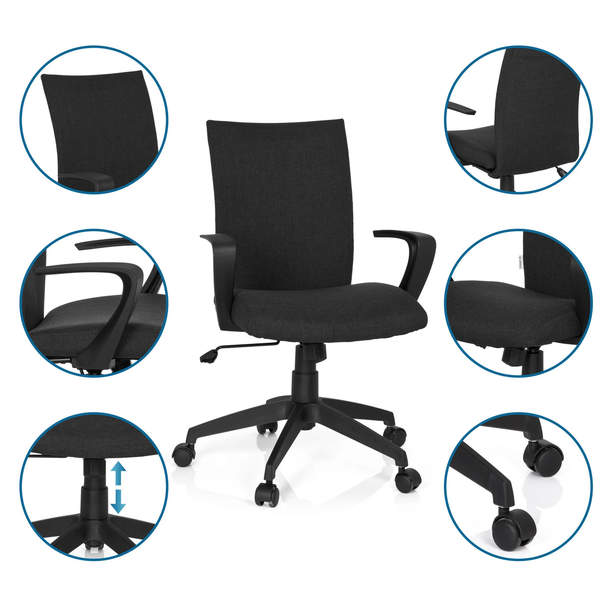 Home Office -toimistotuoli SOFT mustana, yksityiskuvia käsinojasta, kaasujousesta ja pyöristä, valmistaja hjh OFFICE
