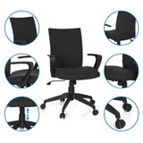 Home Office -toimistotuoli SOFT mustana, yksityiskuvia käsinojasta, kaasujousesta ja pyöristä, valmistaja hjh OFFICE