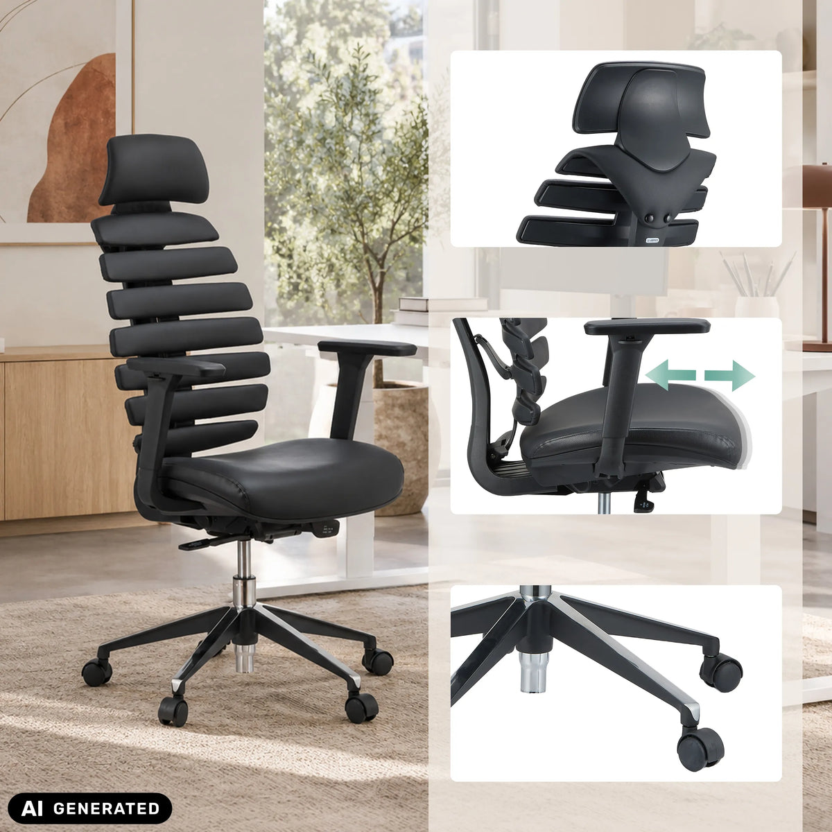 Musta ammattitason toimistotuoli ERGO LINE II PRO nahasta, säädettävillä käsinojilla, valmistaja hjh OFFICE (tekoälyllä luotu kuva)