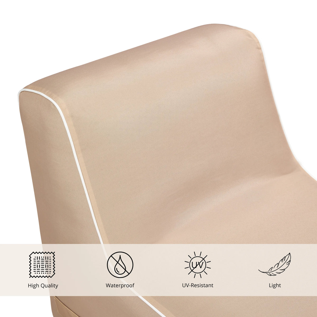 Beigen materiaalidetaili Sitzolo Air-sohva, veden- ja UV-kestävyyden symbolit, valmistaja hjh LIVING