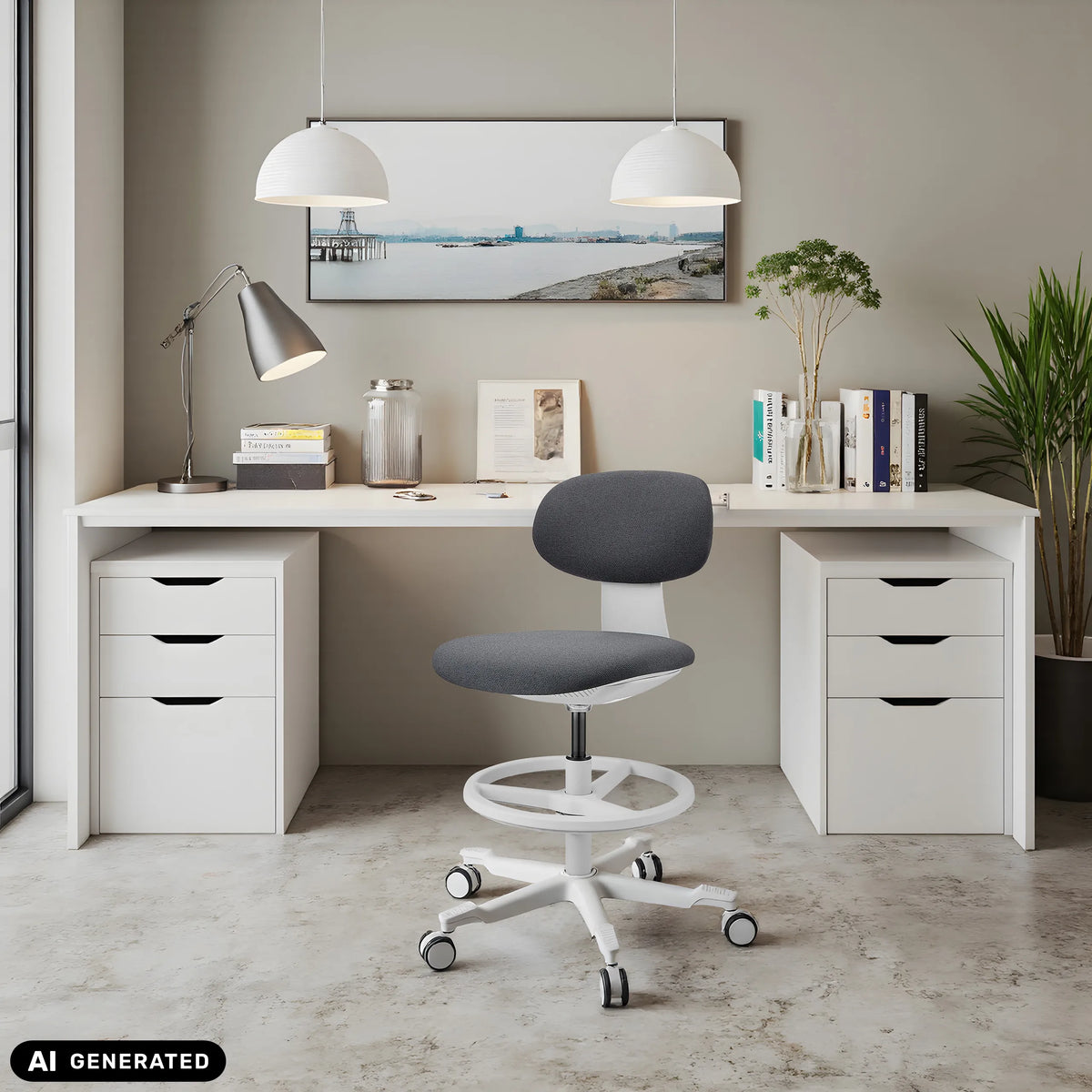 Työtuoli WORK MF2 W tummanharmaana valkoisen työpöydän edessä, valmistaja hjh OFFICE (tekoälyllä luotu kuva)