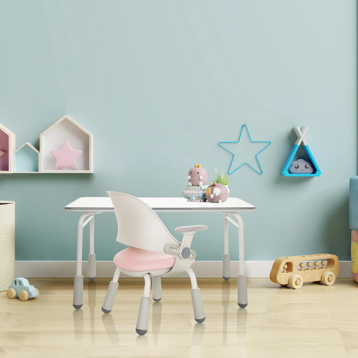 Lasten tuoli KID GRO SET vaaleanpunaisena valkoisen työpöydän kanssa lastenhuoneessa, valmistaja hjh OFFICE
