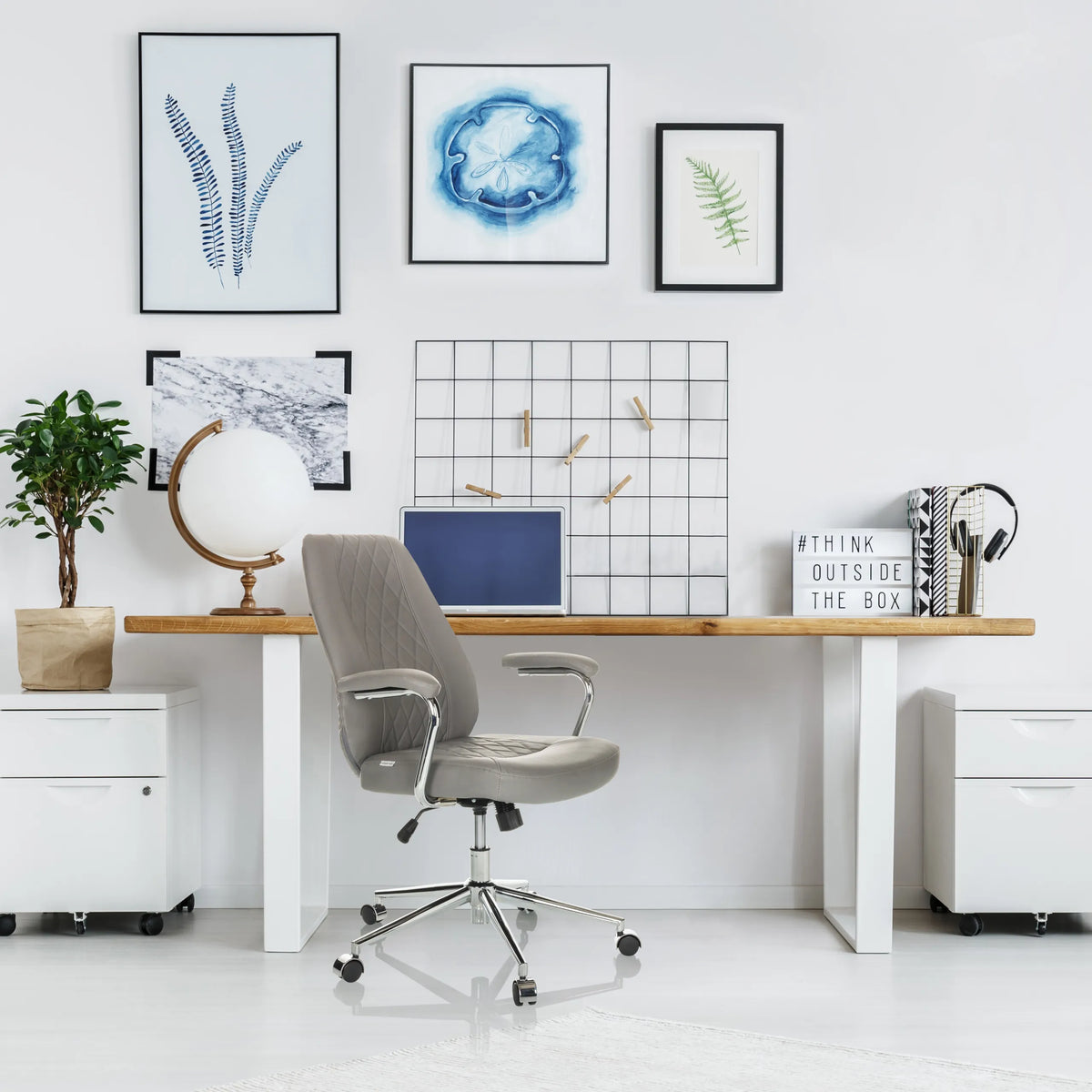 Harmaa Home Office -toimistotuoli THEO I, jossa on tikattu selkänoja ja pyörät, valmistaja hjh OFFICE