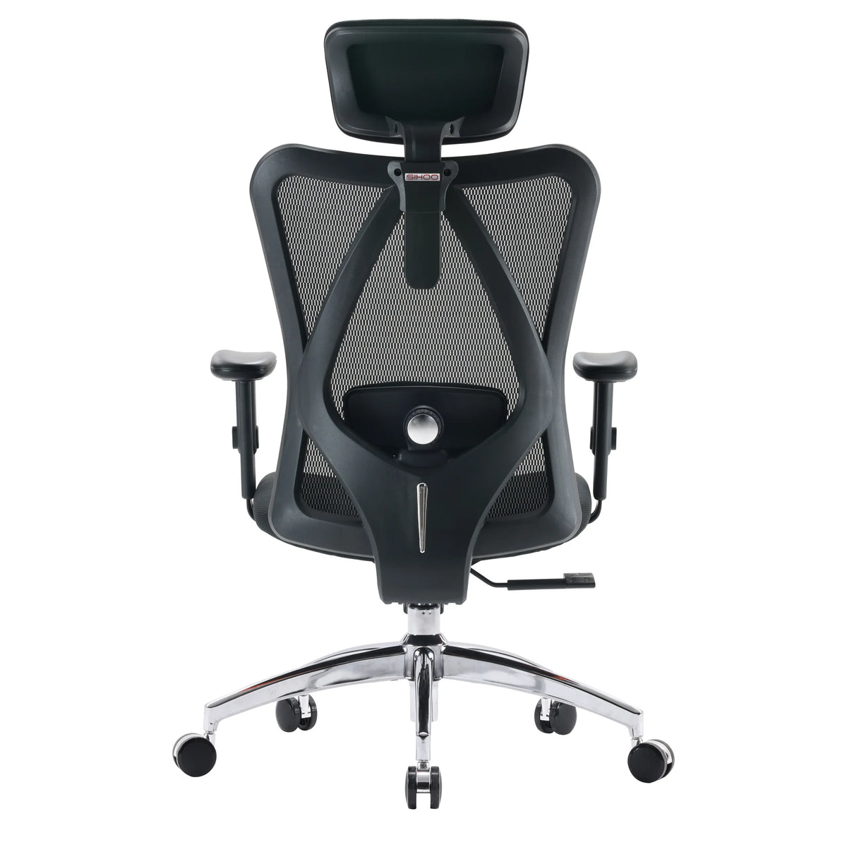 Ammattitason toimistotuolin M18-M148 takanäkymä mustana verkkoselkänojalla, niskatuella ja kromatuulla jalustalla, valmistaja Sihoo
