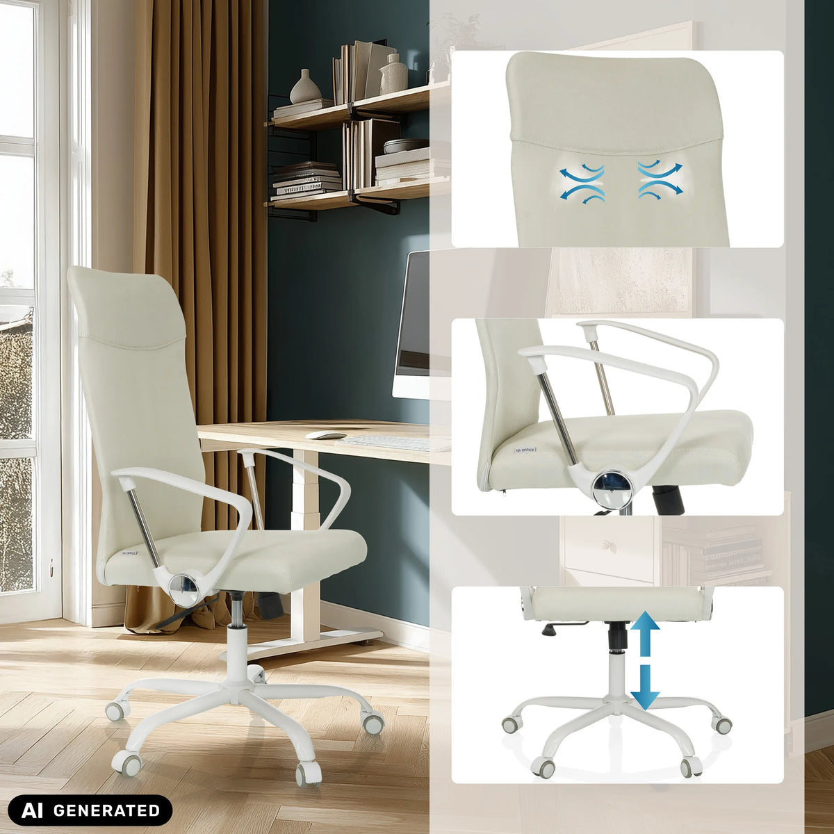 Home Office -toimistotuoli STRYKA W beige, jossa on alaselän tuki ja korkeussäätö, valmistaja hjh OFFICE (tekoälyllä luotu kuva)