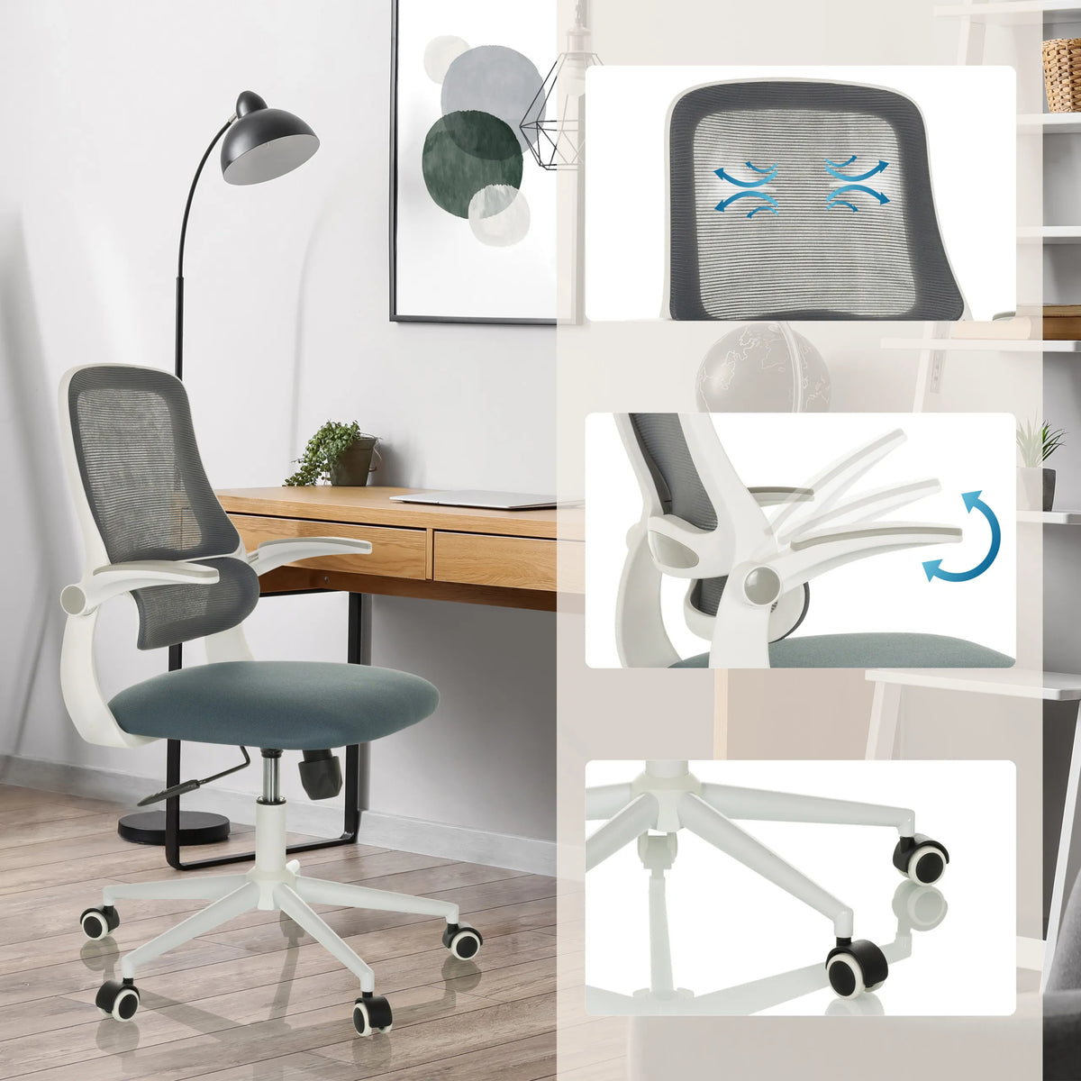 Home Office -toimistotuoli MIKO W ECO harmaana, hengittävä verkkoselkänoja, säädettävät käsinojat ja pyörät, valmistaja hjh OFFICE