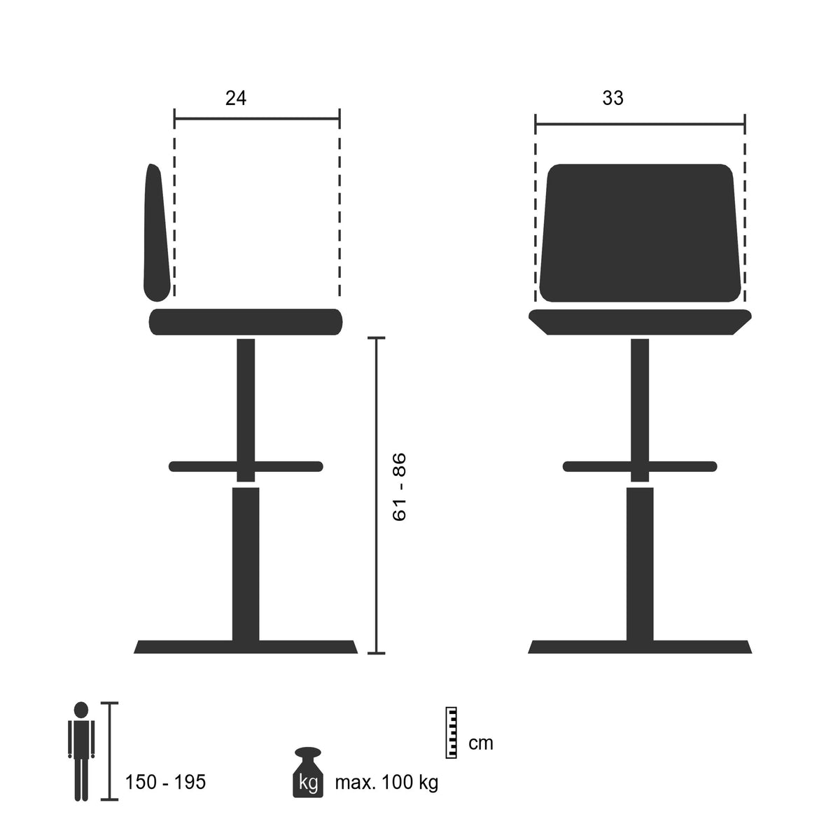 Tekninen piirustus Pyörivät jakkarat TOP WORK 03 I, istuinkorkeus 61–86 cm, valmistaja hjh OFFICE
