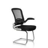Schwarzer Freischwinger FLYER PRO V mit Netzrücken, Armlehnen und Kufengestell von hjh OFFICE – 360-Grad-Ansicht (schräge Frontansicht 60°)