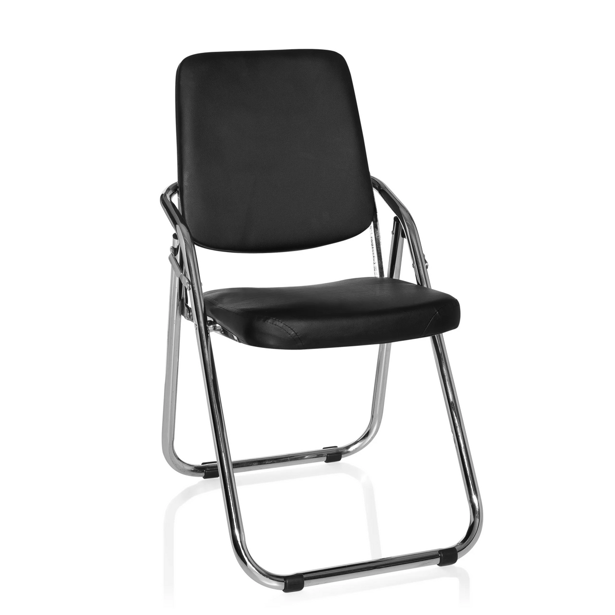 Musta Kokoontaittuva tuoli ESTO keinonahkaverhoilulla ja kromirungolla, valmistaja hjh OFFICE – 360 asteen näkymä (etunäkymä 20°)