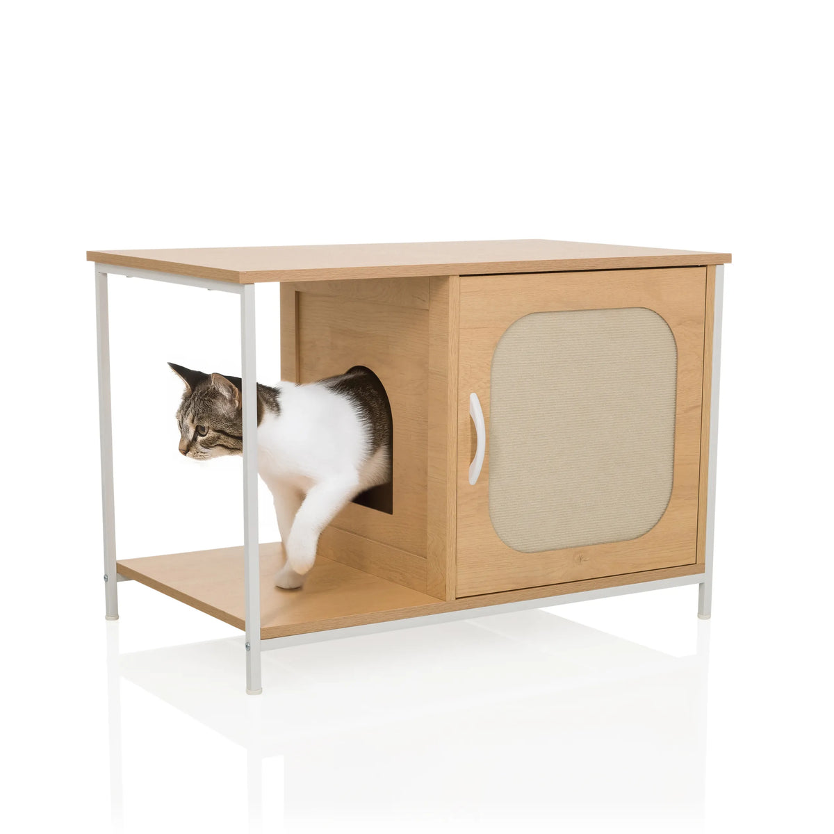 Kissanmaja KITTYHOME 1 pyökissä ja valkoisessa, pyöreällä aukolla ja vetimellisellä ovella, valmistaja hjh LIVING