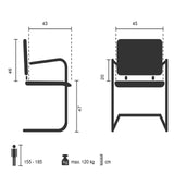 Vapaasti keinuvat tuolit Rovento V tekninen piirustus, leveys 45 cm ja istuinkorkeus 47 cm, valmistaja hjh OFFICE