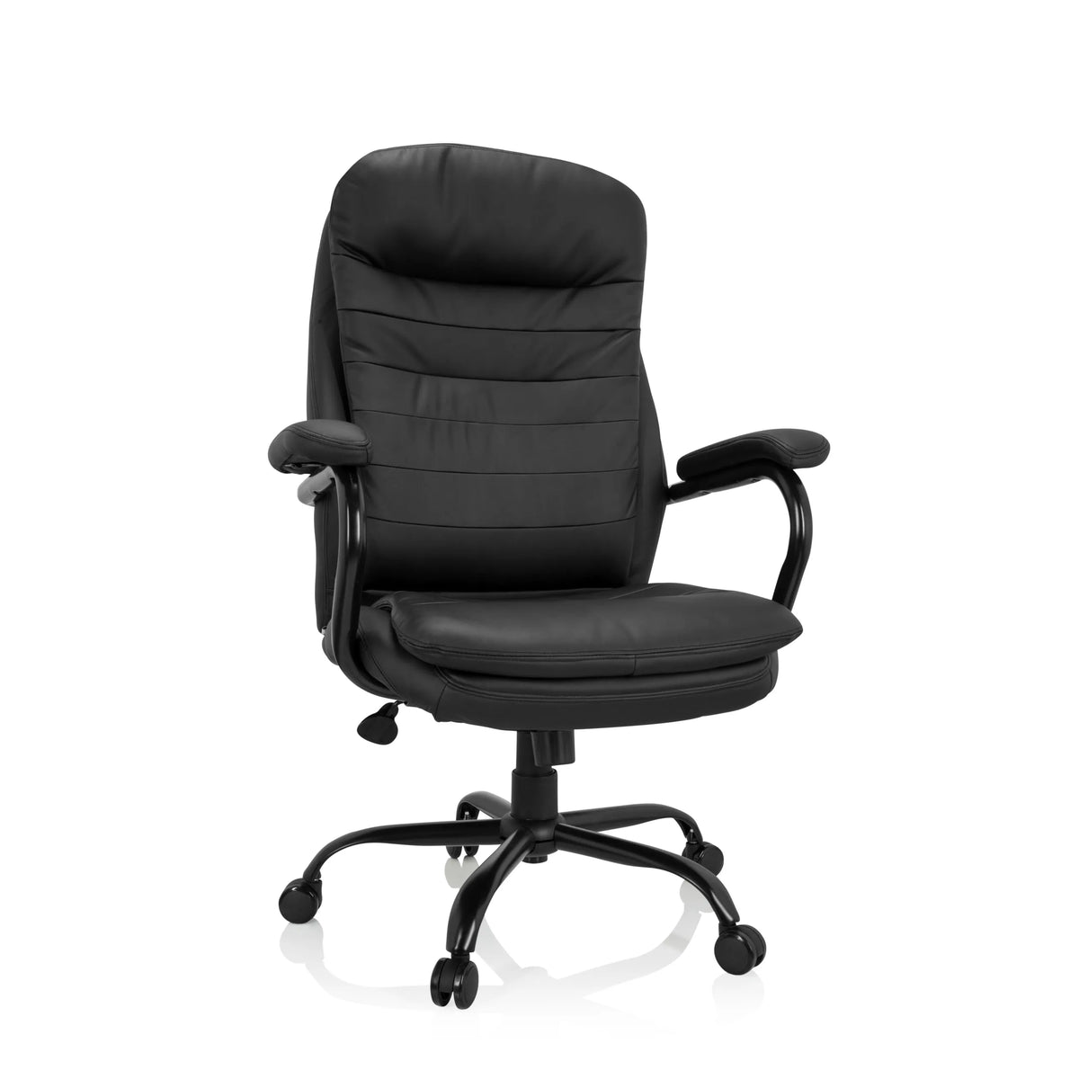 Musta pyörivä tuoli RELAX XXL B keinonahasta, jossa on tähtijalka ja viisi pyörää, valmistaja hjh OFFICE – 360 asteen näkymä (etunäkymä 20°)