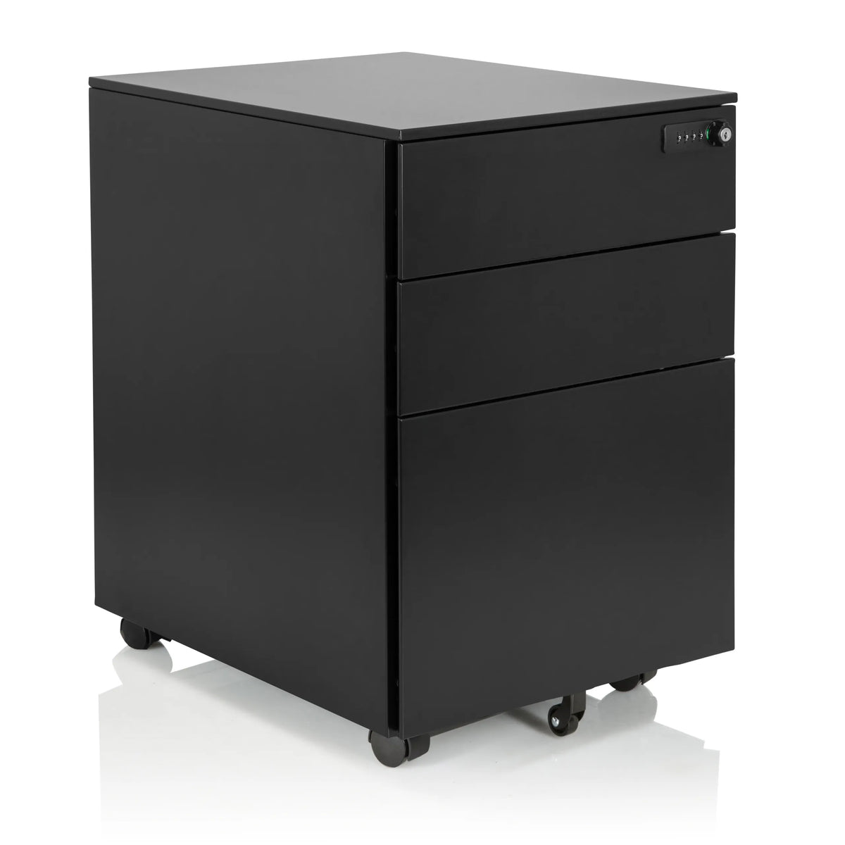 Schwarzer Rollcontainer COLOR OS I aus Metall mit drei Schubladen und Rollen von hjh OFFICE – 360-Grad-Ansicht (schräge Frontansicht 40°)