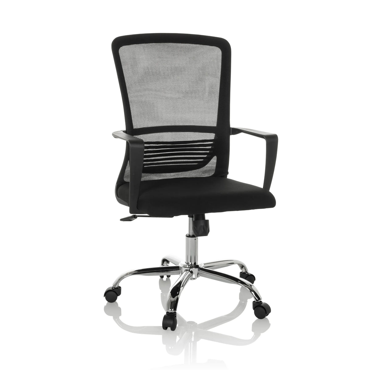 Musta Home Office -toimistotuoli STAR-TEC S verkkoselkänojalla ja viisijalkaisella rullajalustalla, valmistaja hjh OFFICE – 360 asteen näkymä (etunäkymä 15°)