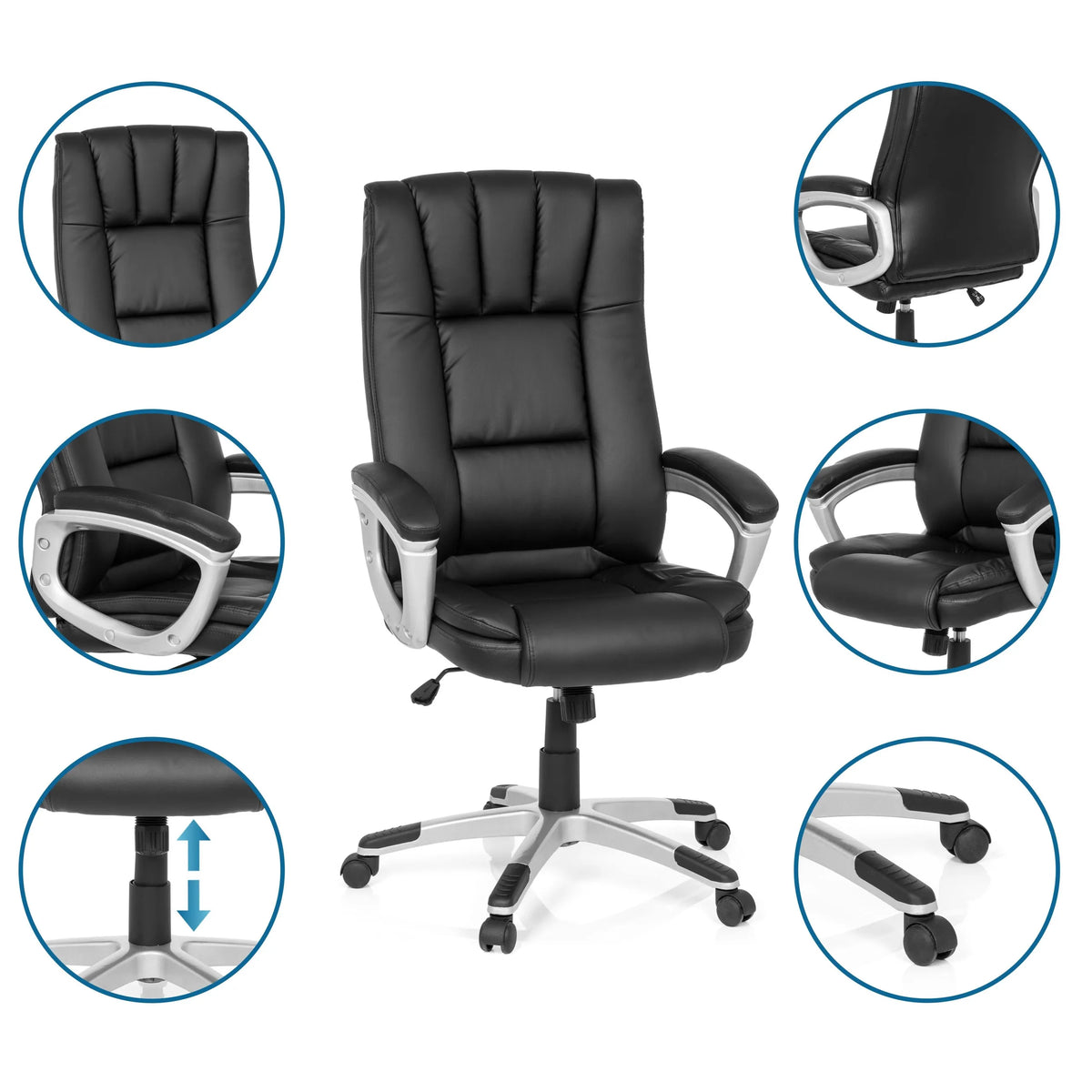 Musta Home Office -toimistotuoli RELAX CL150, jossa on yksityiskohtaiset kuvat selkänojasta, käsinojista ja kaasujousesta, valmistaja MyBuero