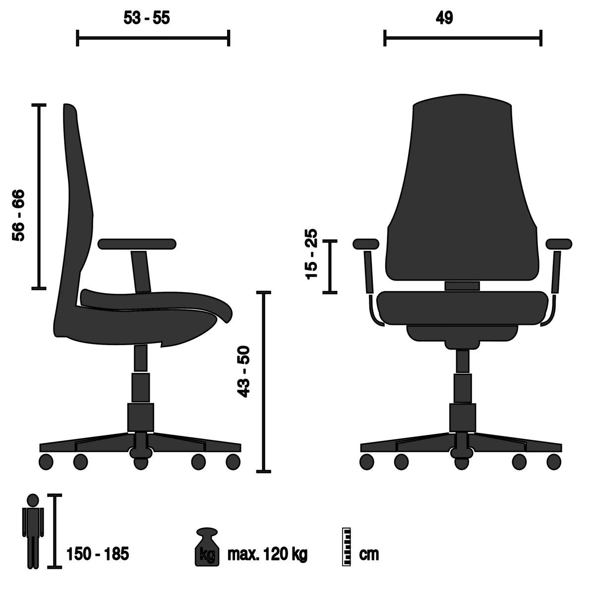 Ammattitason toimistotuoli COLORE tekninen piirustus, maksimikuormitus 120 kg, valmistaja hjh OFFICE