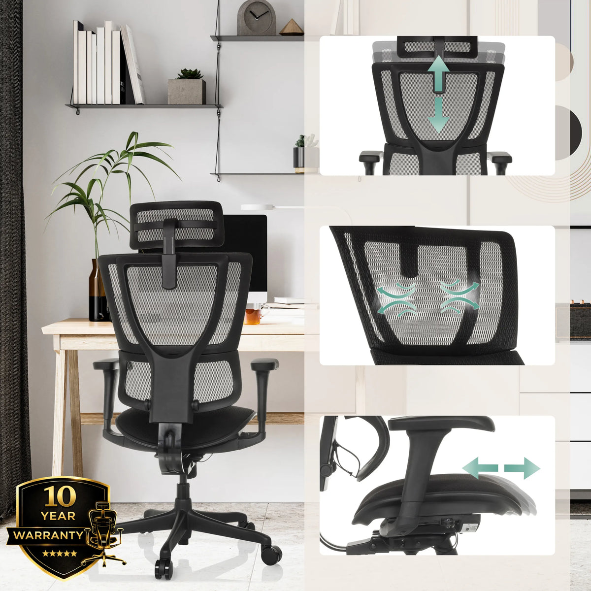 Mustan ERGOHUMAN SLIM ECO F GEN2-luksustoimistotuolin säädettävät toiminnot, valmistaja hjh OFFICE (tekoälyllä luotu kuva)