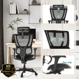Mustan ERGOHUMAN SLIM ECO F GEN2-luksustoimistotuolin säädettävät toiminnot, valmistaja hjh OFFICE (tekoälyllä luotu kuva)