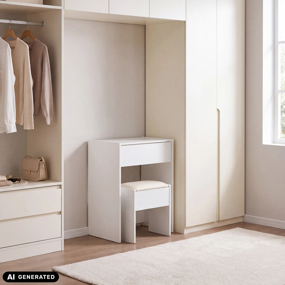 Valkoinen Glamdesk-meikkipöytä jakkaralla kaappisyvennyksessä, valmistaja hjh LIVING (tekoälyllä luotu kuva)
