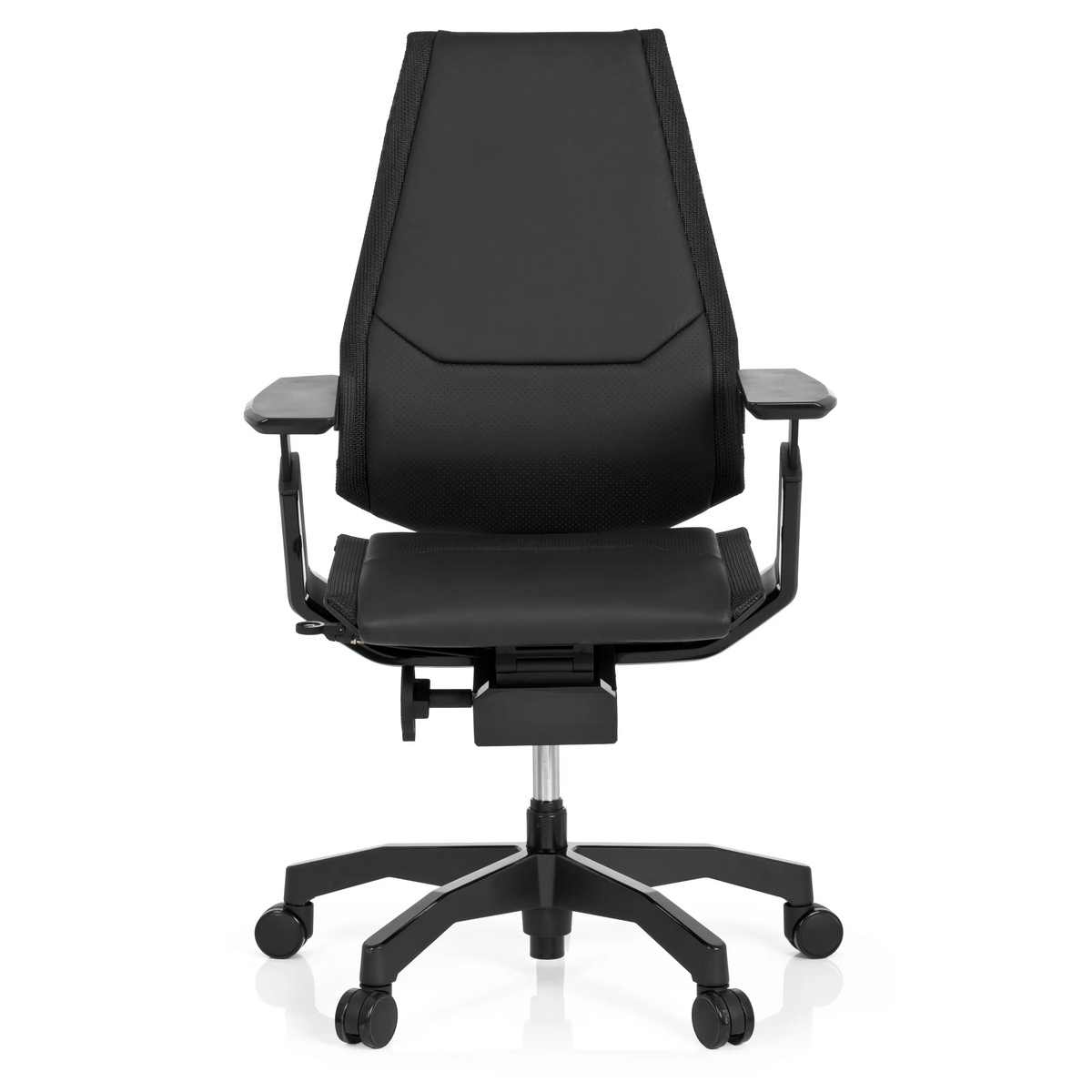 Musta High End -toimistotuoli GENIDIA BLACK nahasta, jossa on käsinojat ja viisipolvinen rullajalka, valmistaja hjh OFFICE – 360 asteen näkymä (etunäkymä 0°)