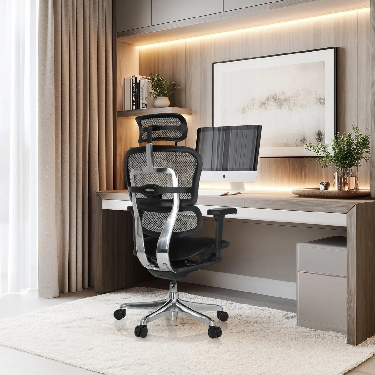 Luksustoimistotuoli ERGOHUMAN ULTRA F GEN2 verkkoselkänojalla ja käsinojilla modernissa kotitoimistossa, valmistaja hjh OFFICE